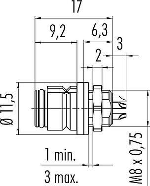 Dessin coté Snap-In Embase femelle, Contacts: 4, non blindé, souder, IP67, UL 2238, M8x0,75, Montage frontal