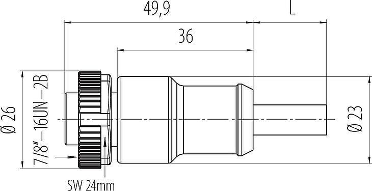 Dibujo a escala 7/8" Conector de cable hembra, Número de contactos: 4, sin blindaje, moldeado en el cable, IP68, UL 2238, PUR, negro, 4 x 1,50 mm², 5 m