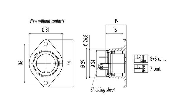 Scale drawing Bayonet Female panel mount connector, Contacts: 7, shieldable, solder, IP40, Front mounting