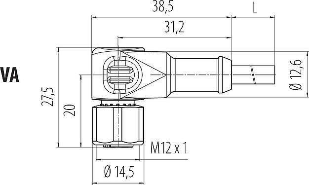 Dessin coté M12 Connecteur femelle coudé, Contacts: 4, non blindé, surmoulé sur le câble, IP68/IP69K, UL 2238, PUR, noir, 4 x 0,34 mm², avec LED, PNP, Acier inoxydable, 2 m