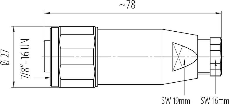 Dibujo a escala 7/8" Conector de cable hembra, Número de contactos: 2+PE, 6,0-8,0 mm, sin blindaje, tornillo extraíble, IP67, UL 2238, VDE