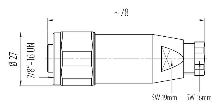Dibujo a escala 7/8" Conector de cable hembra, Número de contactos: 4+PE, 6,0-8,0 mm, sin blindaje, tornillo extraíble, IP67, UL 2238, VDE