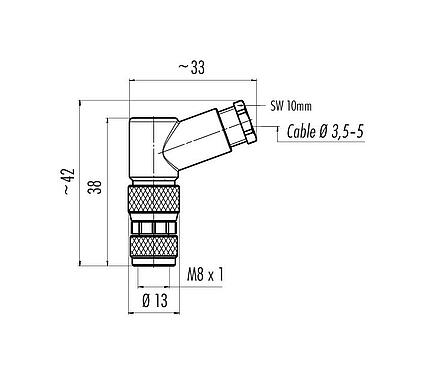 Dessin coté M8 Connecteur femelle coudé, Contacts: 4, 3,5-5,0 mm, non blindé, pince à visser, IP67, UL 2238