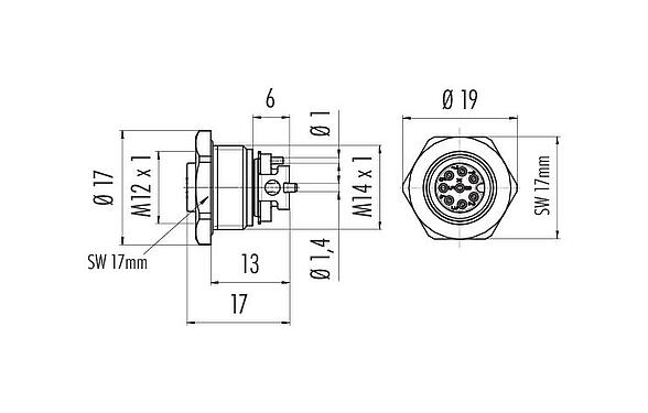 Dessin coté M12 Embase femelle, Contacts: 8, non blindé, SMT, IP67, M14x1,0, Montage frontal