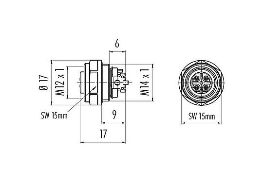Scale drawing M12 Female panel mount connector, Contacts: 4, shieldable, SMT, IP67, M14x1.0, Front mounting