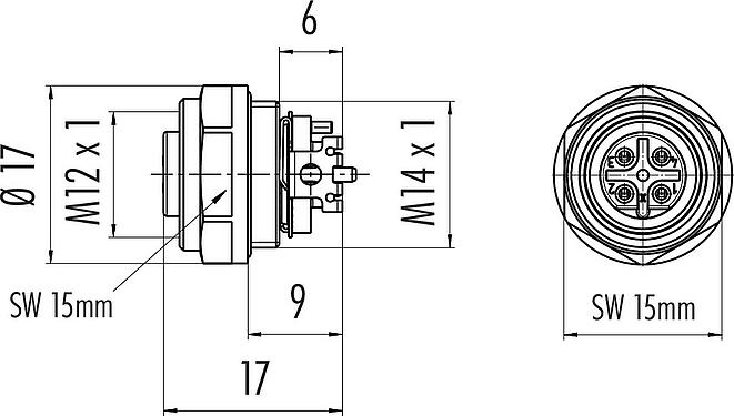 Dibujo a escala M12 Toma de brida, Número de contactos: 4, blindable, SMT, IP67, M14x1,0, Montaje frontal