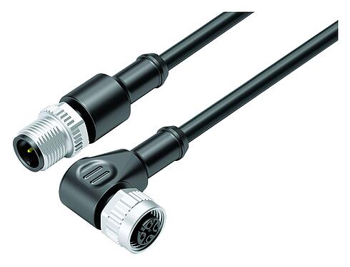 Illustration M12 Connecting cable male cable connector - female angled connector, Contacts: 3, unshielded, moulded on the cable, IP68/IP69K, UL 2238, PUR, black, 3 x 0.34 mm², 5 m