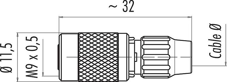 Scale drawing M9 Female cable connector, Contacts: 3, 4.0-5.0 mm, unshielded, solder, IP40