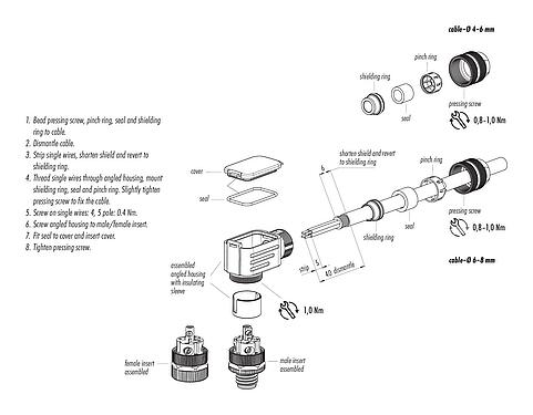 Instructions de montage M12 Connecteur mâle coudé, Contacts: 4, 6,0-8,0 mm, blindable, pince à visser, IP67, UL 2238, avec anneau de protection