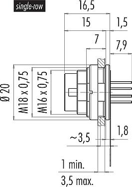 Scale drawing M16 Male panel mount connector, Contacts: 12 (12-a), unshielded, THT, IP67, M18x0,75, Rear mounting