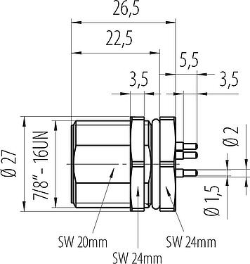 Dibujo a escala 7/8" Enchufe de brida, Número de contactos: 2+PE, sin blindaje, THT, IP68, UL 2238, VDE, Montaje en pared, moldeado