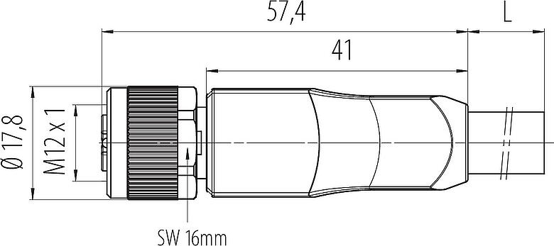 Dibujo a escala M12 Conector de cable hembra, Número de contactos: 4+PE, sin blindaje, moldeado en el cable, IP68, UL 2238, PUR, negro, 5 x 1,50 mm², 5 m