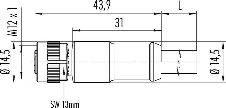 Dibujo a escala M12 Conector de cable hembra, Número de contactos: 4, sin blindaje, moldeado en el cable, IP68, PUR, negro, 4 x 1,50 mm², 10 m