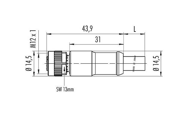 Dessin coté M12 Connecteur femelle, Contacts: 4, non blindé, surmoulé sur le câble, IP68, PUR, noir, 4 x 1,50 mm², 10 m