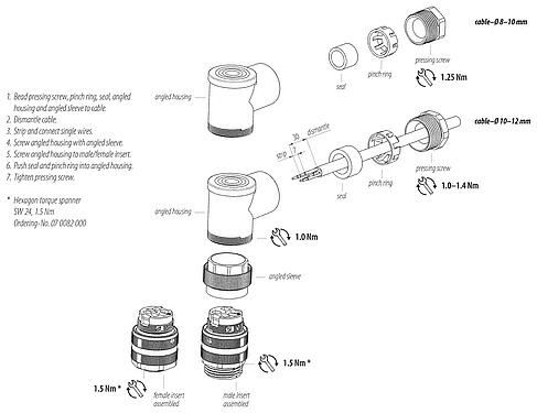 Instrucción de montaje 7/8" Conector hembra en ángulo, Número de contactos: 3+PE, 8,0-10,0 mm, sin blindaje, tornillo extraíble, IP67, UL 2238, VDE