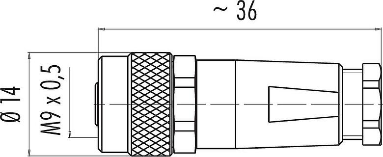 Scale drawing M9 Female cable connector, Contacts: 4, 3.5-5.0 mm, shieldable, solder, IP67, with shielding cuff