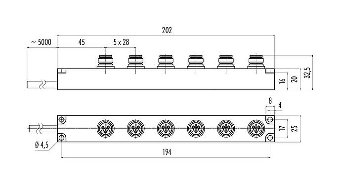 Scale drawing Snap-In 6-way distributor, Contacts: 5, unshielded, moulded on the cable, IP67, 5 x 0.75 mm²