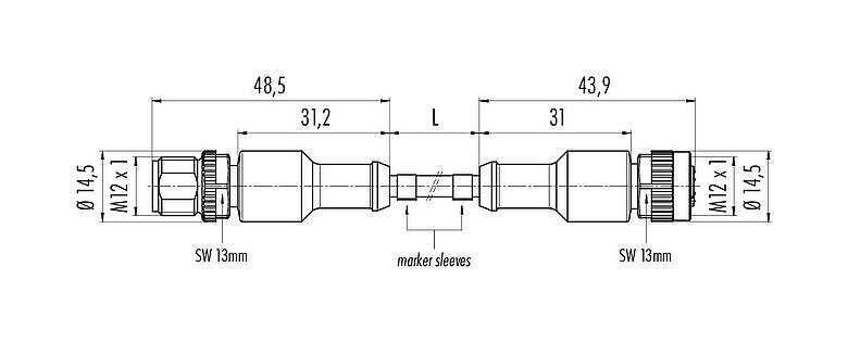 Scale drawing M12 Connecting cable male cable connector - female cable connector, Contacts: 4, unshielded, moulded on the cable, IP67/IP69K, UL 2238, PVC, grey, 4 x 0.34 mm², 1 m