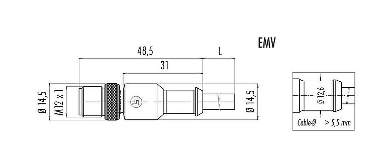 Dibujo a escala M12 Conector de cable macho, Número de contactos: 8, blindado, moldeado en el cable, IP67, UL 2238, PVC, gris, 8 x 0,25 mm², 2 m