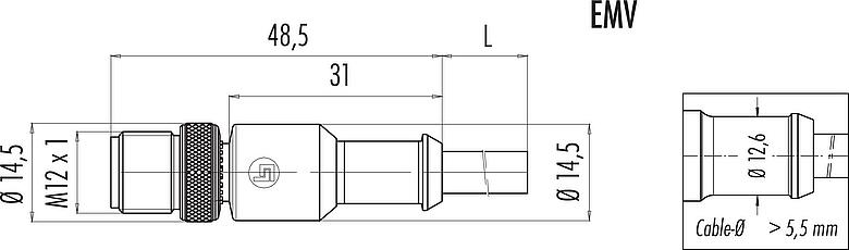 Scale drawing M12 Male cable connector, Contacts: 3, shielded, moulded on the cable, IP67, UL 2238, PVC, grey, 3 x 0.34 mm², 10 m