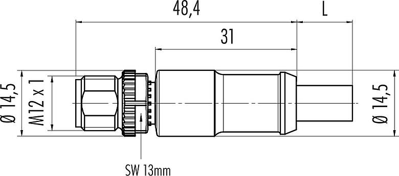 Dessin coté M12 Connecteur mâle, Contacts: 5, blindé, surmoulé sur le câble, IP68, UL 2238, CAN-Bus, PUR, violet, 1 x 2 x AWG 22 + 1 x 2 x AWG 24, 5 m