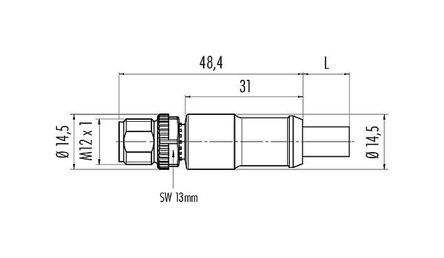Scale drawing M12 Male cable connector, Contacts: 5, shielded, moulded on the cable, IP68, UL 2238, CAN-Bus, PUR, violet, 1 x 2 x AWG 22 + 1 x 2 x AWG 24, 2 m