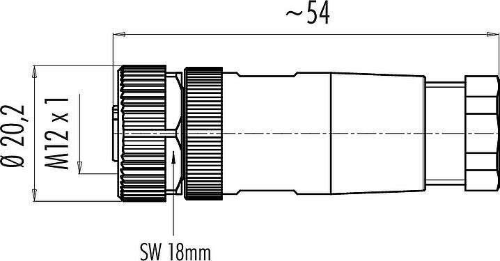 Dibujo a escala M12 Conector de cable hembra, Número de contactos: 4, 6,0-8,0 mm, sin blindaje, tornillo extraíble, IP67, UL 2238