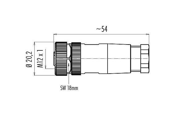 Dessin coté M12 Connecteur femelle, Contacts: 4, 4,0-6,0 mm, non blindé, pince à visser, IP67, UL 2238