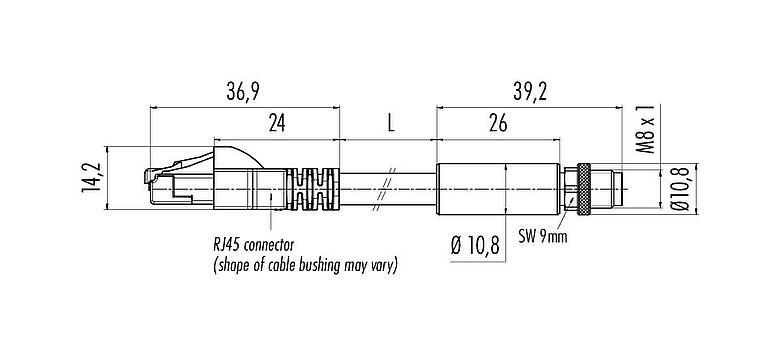 Scale drawing M8 Connecting cable male cable connector - RJ45 connector, Contacts: 4, shielded, molded/crimp, IP67, UL, Profinet/Ethernet CAT5e, PUR, green, 4 x AWG 22, 0.6 m