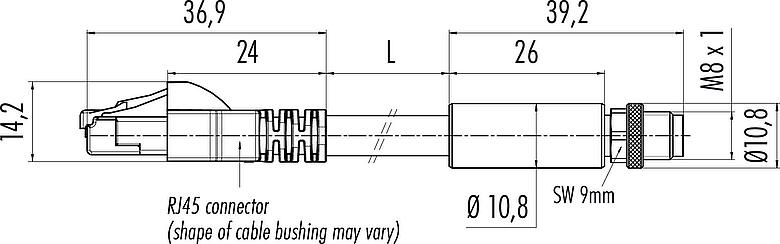 Dessin coté M8 Câble de raccordement connecteur mâle - connecteur RJ45, Contacts: 4, blindé, moulé/sertissage, IP67, UL, Profinet/Ethernet CAT5e, PUR, vert, 4 x AWG 22, 0,3 m