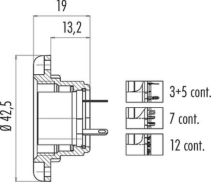 Dessin coté M25 Embase femelle, Contacts: 3, blindable, souder, IP40, Montage frontal