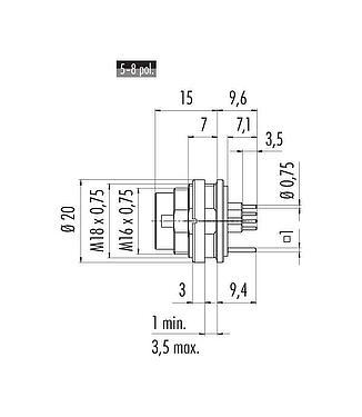 Scale drawing M16 Male panel mount connector, Contacts: 8 (08-a), shieldable, THT, IP68, UL 2238, AISG compliant, M18x0,75, Rear mounting