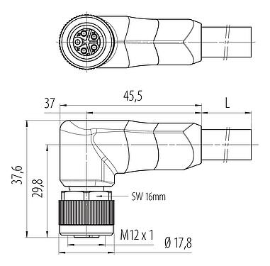 Dibujo a escala M12 Conector hembra en ángulo, Número de contactos: 4+PE, sin blindaje, moldeado en el cable, IP68, UL 2238, PUR, negro, 5 x 2,50 mm², 2 m