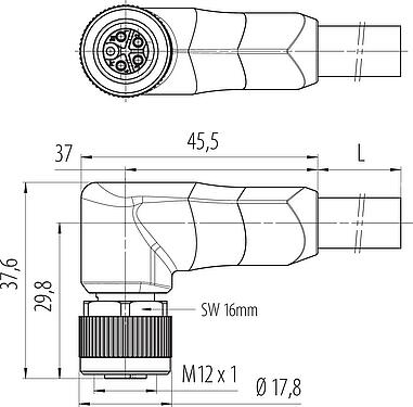 Dibujo a escala M12 Conector hembra en ángulo, Número de contactos: 4+PE, sin blindaje, moldeado en el cable, IP68, UL 2238, PUR, negro, 5 x 2,50 mm², 2 m
