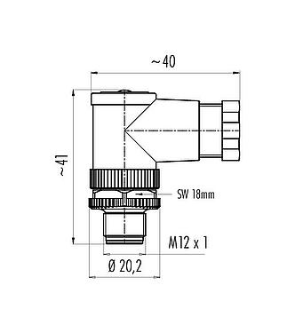 Dibujo a escala M12 Conector macho en ángulo, Número de contactos: 4, 4,0-6,0 mm, sin blindaje, abrazadera de alambre, IP67
