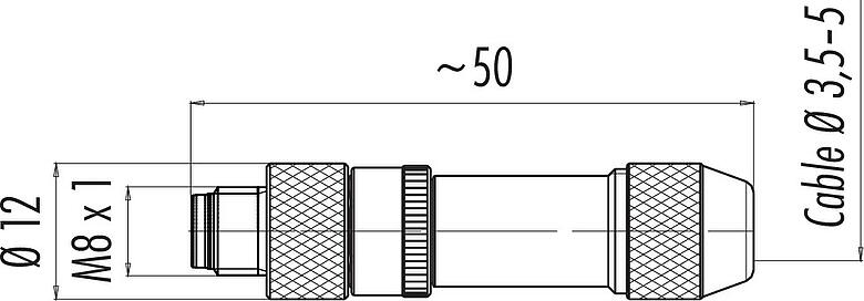 Dibujo a escala M8 Conector de cable macho, Número de contactos: 4, 3,5-5,0 mm, blindable, soldadura, IP67, UL 2238