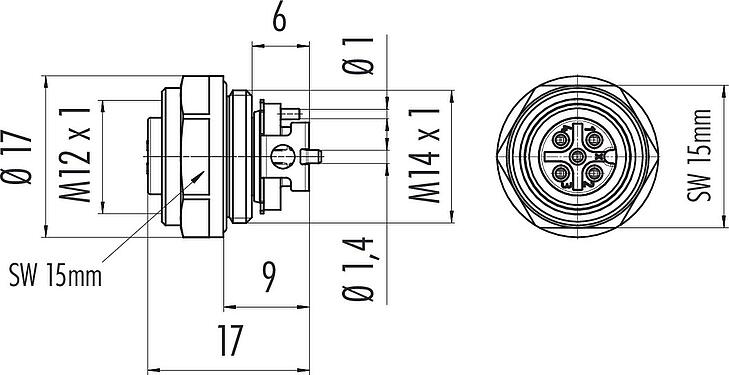 Dibujo a escala M12 Toma de brida, Número de contactos: 5, sin blindaje, SMT, IP67, M14x1,0, Montaje frontal