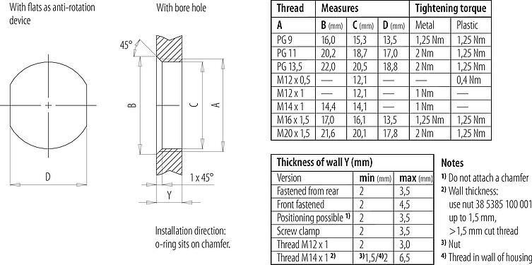 Assembly instructions / Panel cut-out M12 Male panel mount connector, Contacts: 4, unshielded, Front mounting