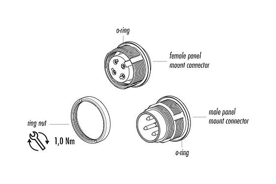 Component part drawing M16 Male panel mount connector, Contacts: 8 (08-a), unshielded, solder, IP68, UL 2238, AISG compliant, M18x0,75, Rear mounting