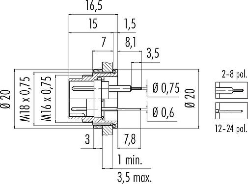 Scale drawing M16 Male panel mount connector, Contacts: 12 (12-a), unshielded, THT, IP67, UL 2238, M18x0,75, Rear mounting