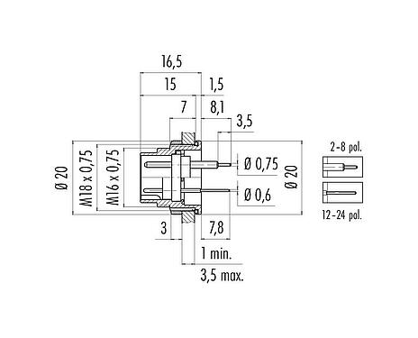 Scale drawing M16 Male panel mount connector, Contacts: 2 (02-a), unshielded, THT, IP67, UL 2238, M18x0,75, Rear mounting
