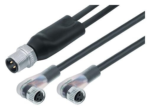 Illustration M12/M8 Male cable splitter - 2 female angled connector, Contacts: 4/3, unshielded, moulded on the cable, IP67, UL 2238, PUR, black, 3 x 0.34 mm², with LED PNP closer, 1 m