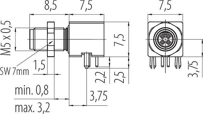 Dibujo a escala M5 Enchufe de ángulo brida, Número de contactos: 4, blindable, soldadura, IP68, UL 2238, Montaje en pared, moldeado