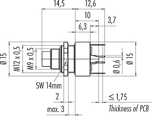 Dibujo a escala M9 Enchufe de brida, Número de contactos: 5, blindable, THT, IP67, M12x0,5, Montaje en pared, moldeado