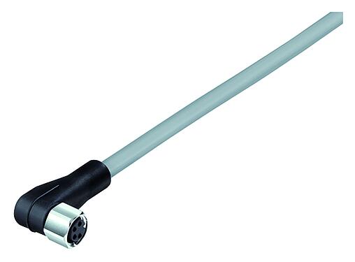 Illustration M8 Female angled connector, Contacts: 3, unshielded, moulded on the cable, IP67/IP69K, UL 2238, PVC, grey, 3 x 0.34 mm², stainless steel, 2 m