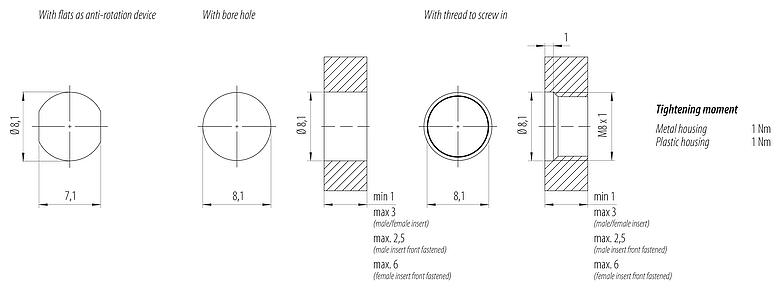 Assembly instructions / Panel cut-out M8 Female panel mount connector, Contacts: 4, unshielded, single wires, IP67, M8x1.0, Front mounting