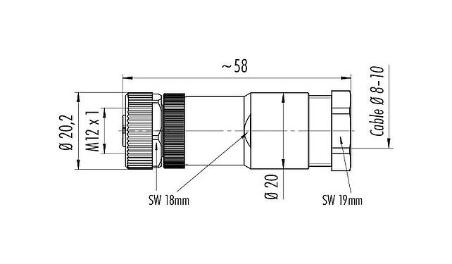 Scale drawing M12 Female cable connector, Contacts: 4, 8.0-10.0 mm, unshielded, screw clamp, IP67, UL 2238, VDE, PG 11, for the power supply