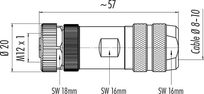 Scale drawing M12 Female cable connector, Contacts: 5, 8.0-10.0 mm, shieldable, screw clamp, IP67, UL 2238, with shielding ring