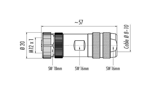 Dibujo a escala M12 Conector de cable hembra, Número de contactos: 12, 8,0-10,0 mm, blindable, soldadura, IP67, UL 2238, con anillo de protección