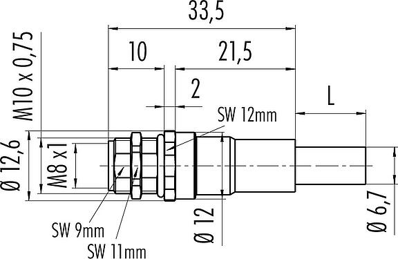 Dibujo a escala M8 Toma de brida, Número de contactos: 4, blindado, con cables ensamblado, IP67, M10x0,75, Ethernet, PUR, verde, 4 x AWG 22, Montaje en pared, moldeado, 0,5 m
